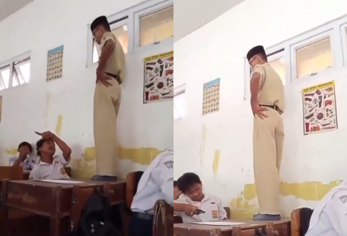 Viral video oknum guru di Demak naik meja tendang kepala murid