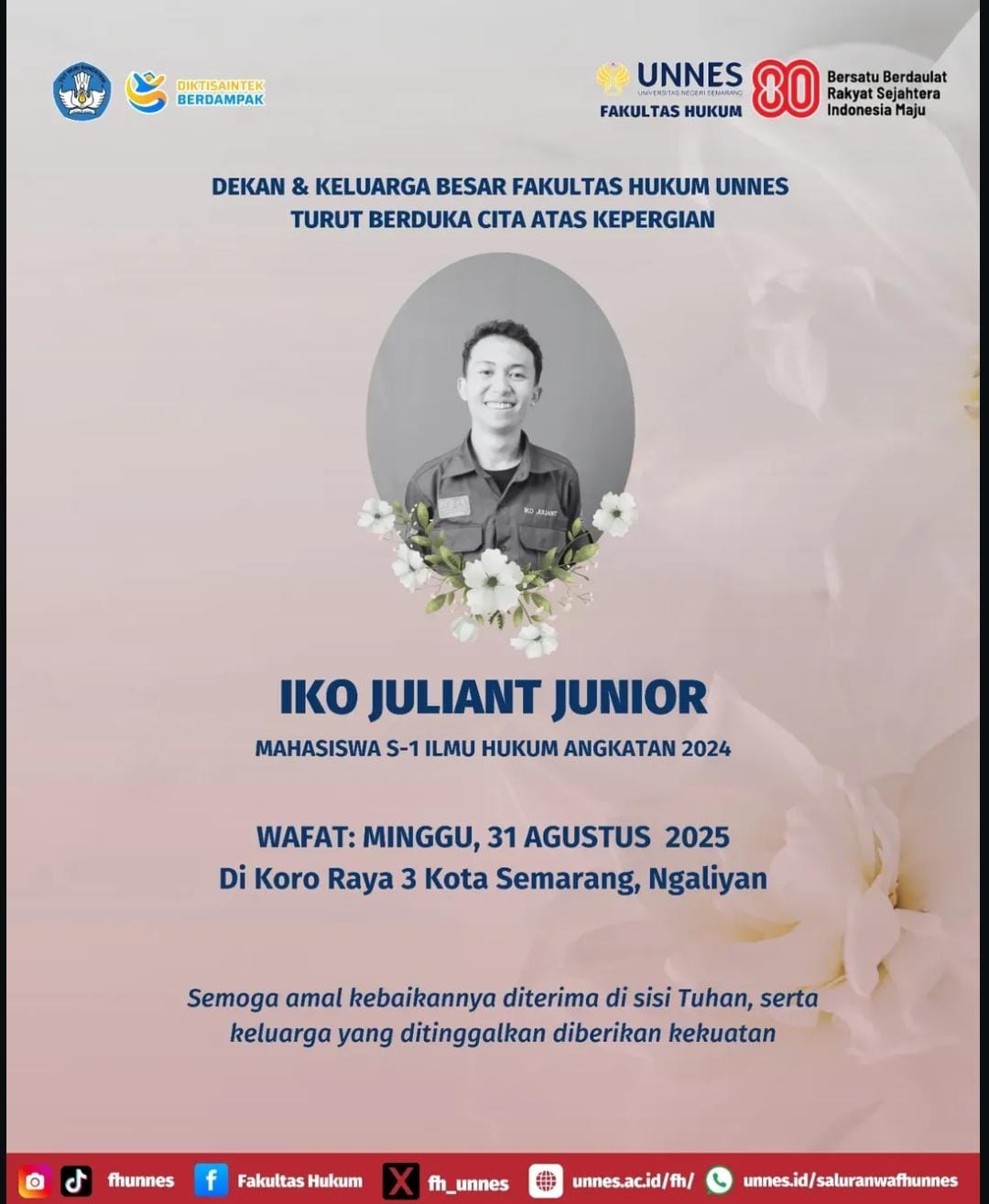 Mahasiswa FH Unnes Iko Juliant Junior meninggal dunia. (matasemarang.com/Lia Dina)
