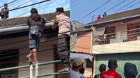 Polisi dan warga Semarang Tengah berupaya mengevakuasi pria yang ada di atas genteng pada 18 Maret 2026 (foto: Polsek Semarang Tengah)
