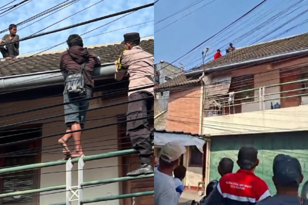 genteng Polisi dan warga Semarang Tengah berupaya mengevakuasi pria yang ada di atas genteng pada 18 Maret 2026 (foto: Polsek Semarang Tengah)