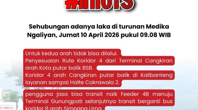 Trans Semarang rekayasa rute imbas kecelakaan Silayur, Jumat 10 April 2026 (foto: Trans Semarang)