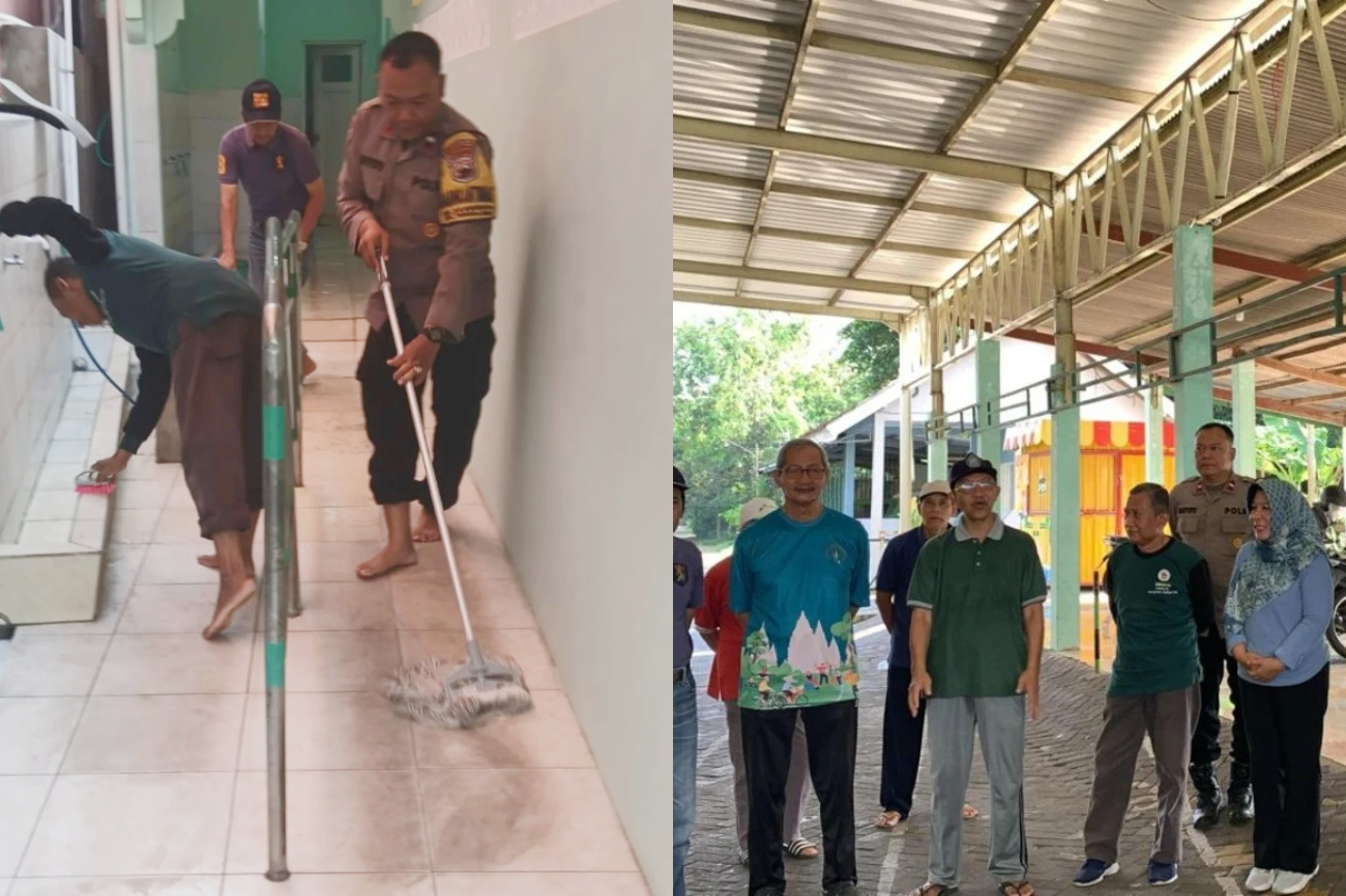 Bhabinkamtibmas Sambiroto bersama warga membersihkan Masjid Nurul Huda (foto: Polsek Tembalang)
