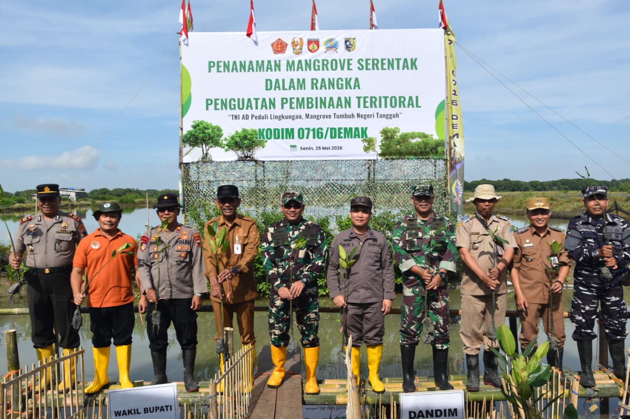 Pemkab Demak bersama Kodim 0716/Demak menanam 1.000 bibit mangrove di pesisir Wedung, 25 Mei 2026 (foto: Pemkab Demak)