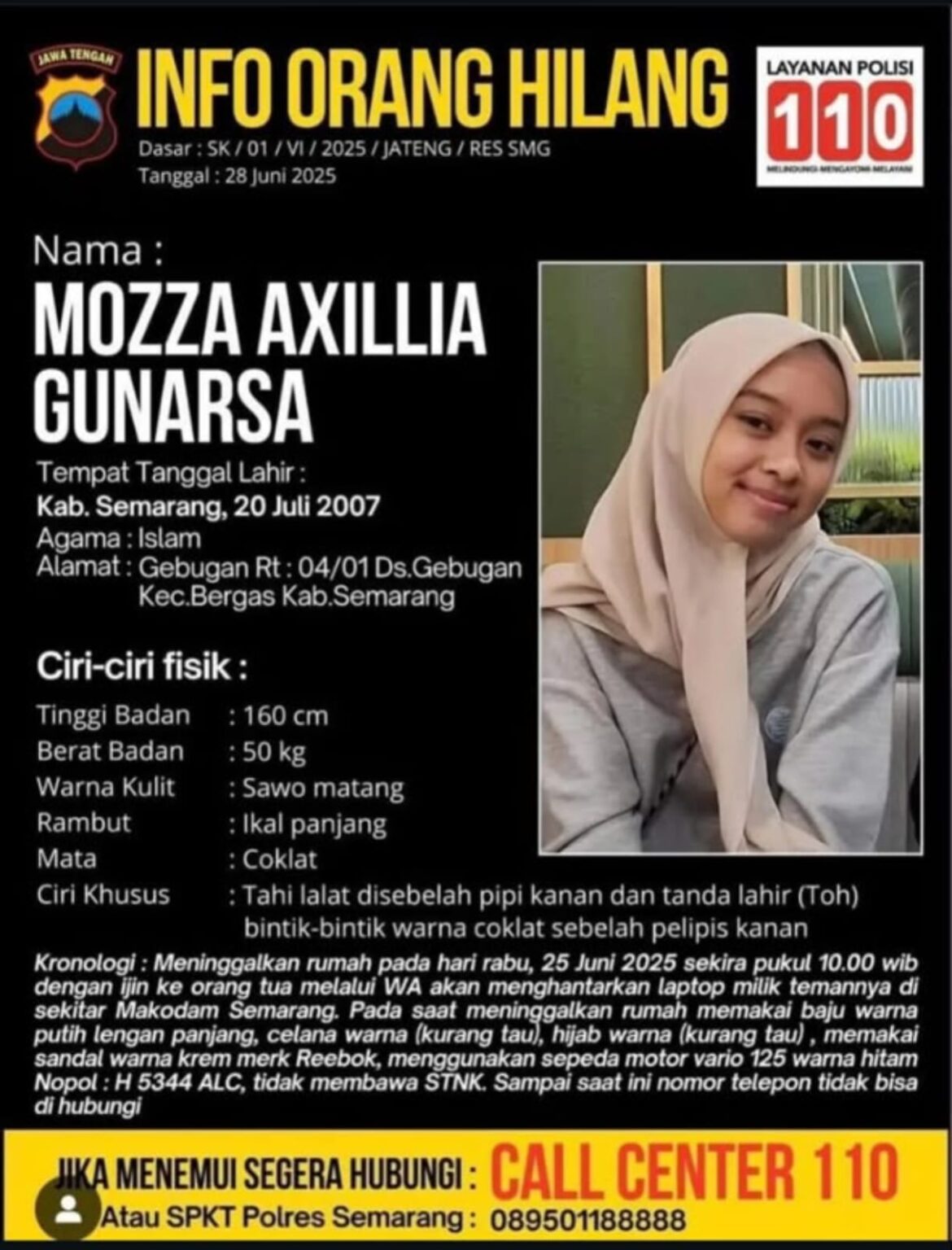 Mozza Axillia Gunarsa yang dilaporkan hilang (foto: Polres Semarang) Mozza Axillia Gunarsa yang dilaporkan hilang (foto: Polres Semarang)