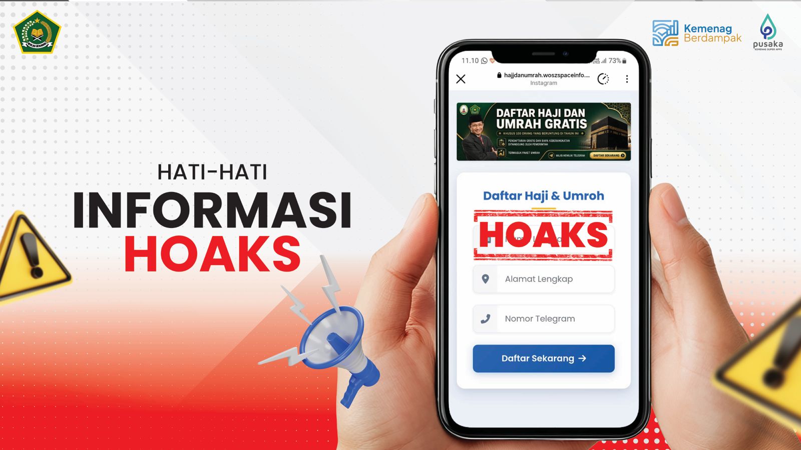 Tampilan tangkapan layar tautan hoaks pendaftaran haji gratis yang mencatut logo Kementerian Agama (foto: Kemenag) Tampilan tangkapan layar tautan hoaks pendaftaran haji gratis yang mencatut logo Kementerian Agama (foto: Kemenag)