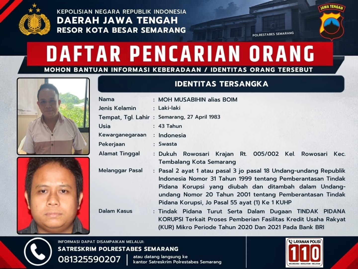 Tersangka Moh Musabihin alias Boim (43) warga Tembalang jadi DPO (foto: Polrestabes Semarang)