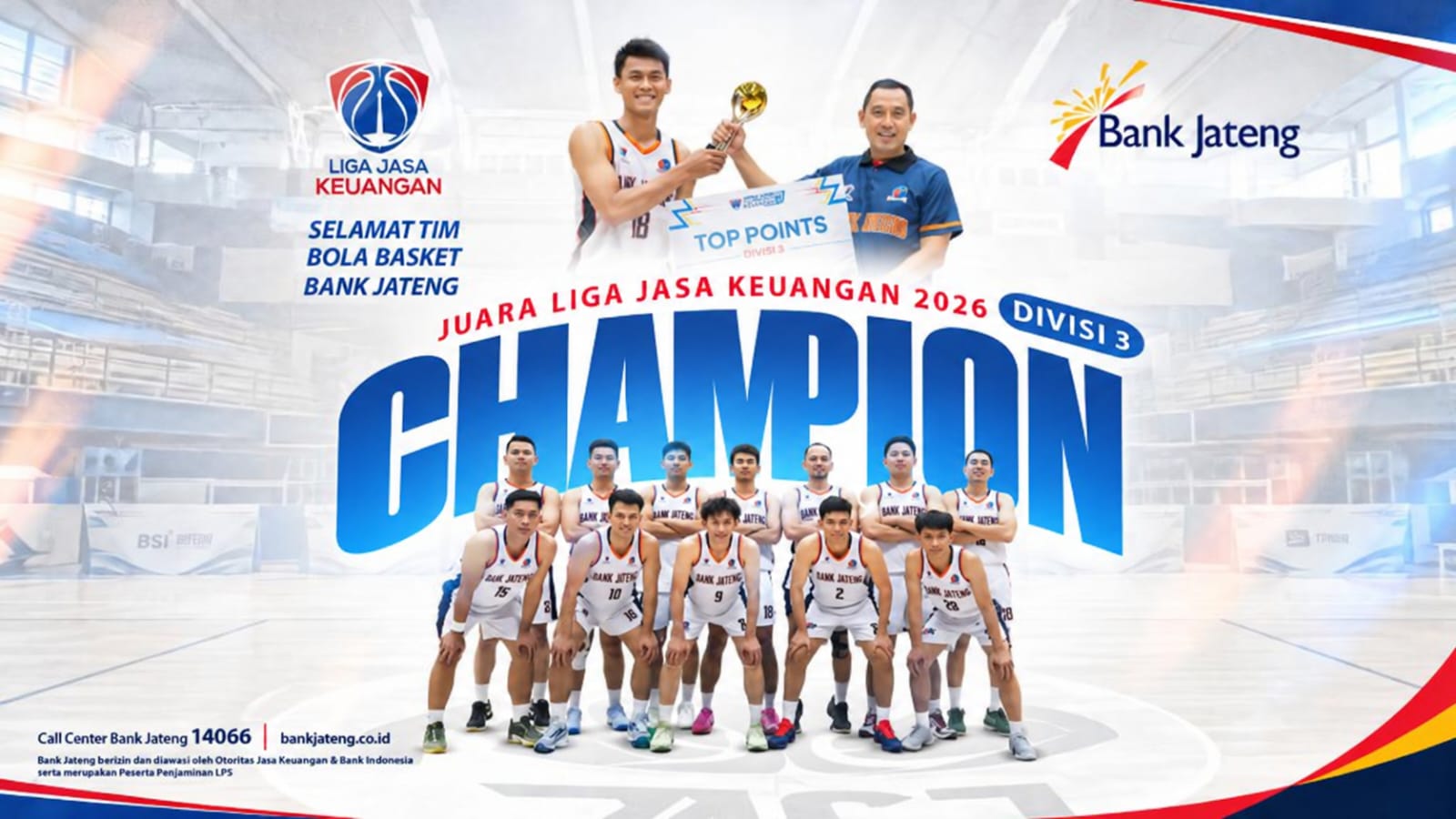 Direktur Utama Bank Jateng Bambang Widyatmoko berfoto bersama para atlet yang merupakan karyawan Bank Jateng usai meraih gelar juara Divisi 3 Liga Jasa Keuangan (LJK) 2026 di Pertamina Arena Simprug, Jakarta, Sabtu 10 Oktober 2026 (foto: Bank Jateng)